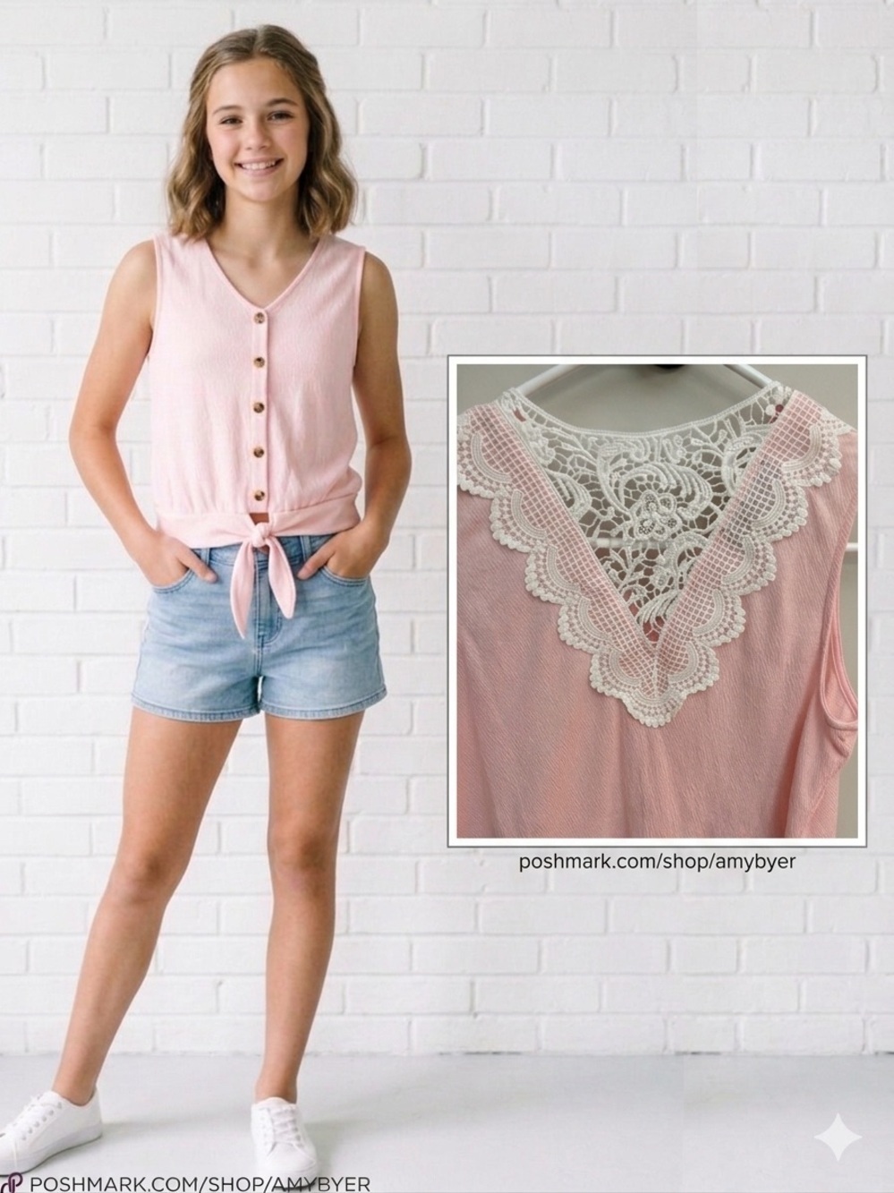 Amy Byer Pink Lace Crochet Back Tie Hem Tank Top Size L (14) - Like New